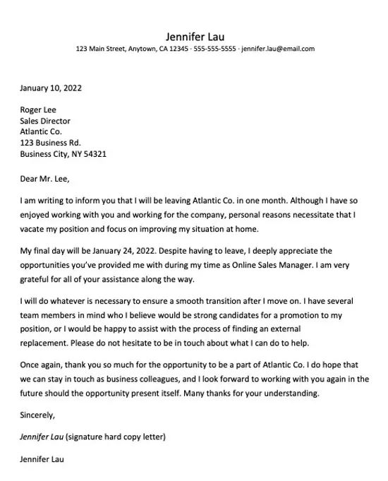 resignation letter template examples