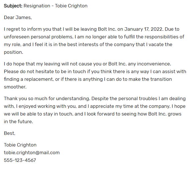 resignation letter for personal reason